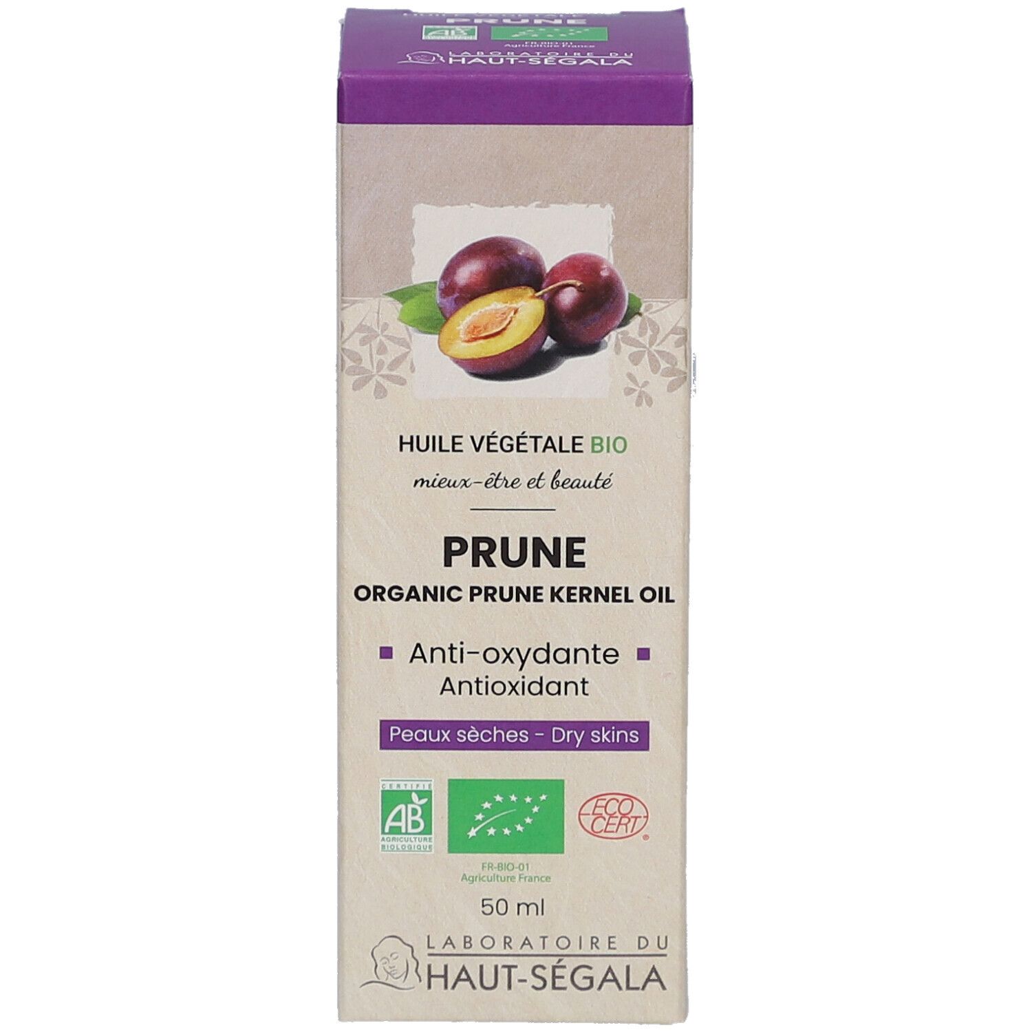 Emballage avec illustration de prunes. Inscription: PRUNE, Organic Prune Kernel Oil. Certifications: AB, Bio, Ecocert.