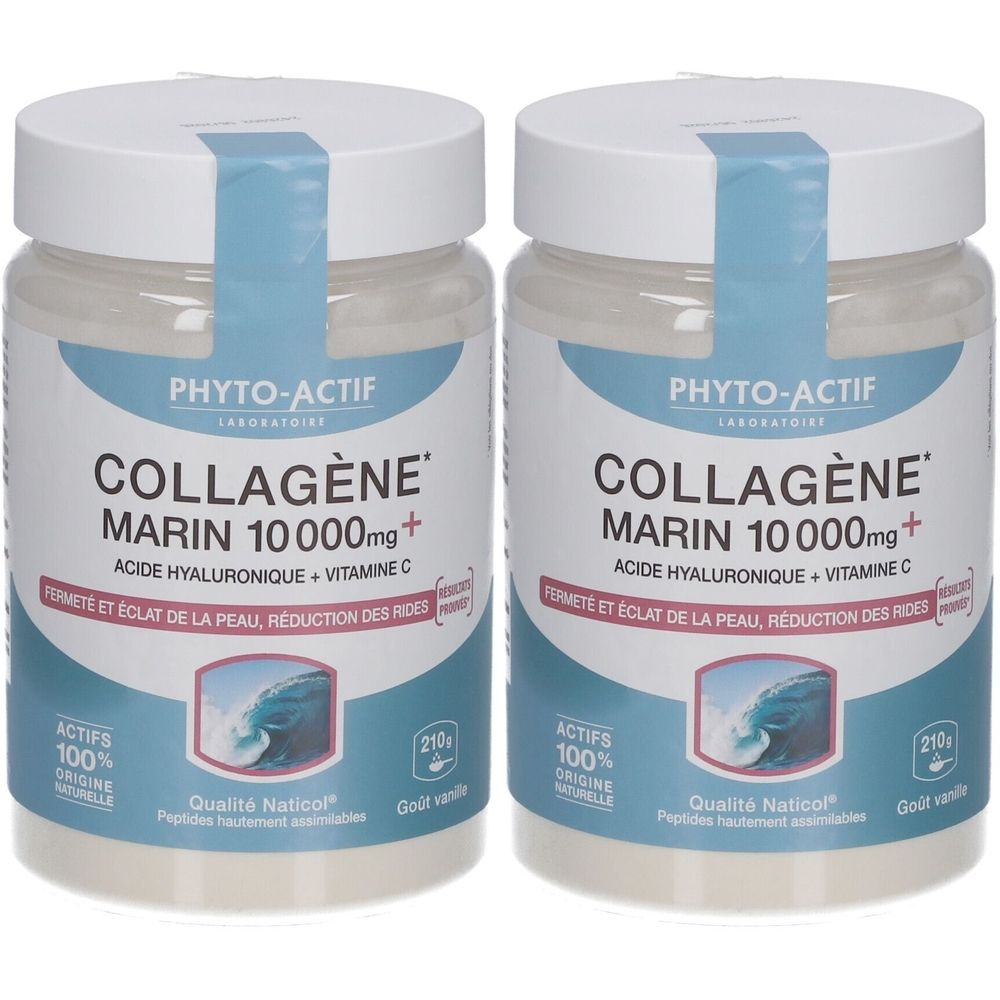 Deux pots transparents avec couvercles blancs. Inscription: COLLAGÈNE MARIN 10000mg+ de PHYTO-ACTIF. Étiquettes bleues.