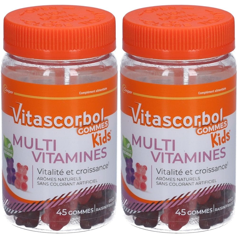 Deux flacons de Vitascorbol Kids Multivitamines. Flacons transparents avec bouchons orange. Inscription: Multi Vitamines, 45 gommes.
