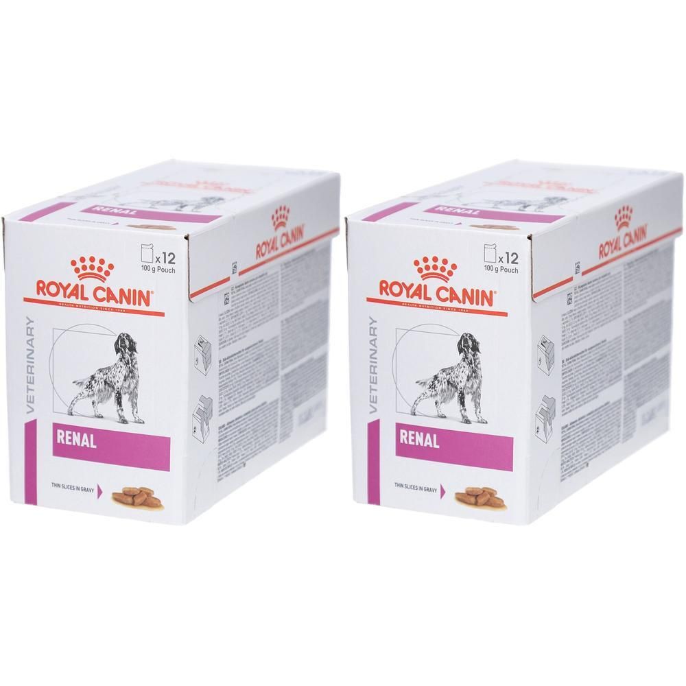 Deux boîtes ROYAL CANIN Veterinary Diet Renal. Impression: chien, texte, logo. Emballage de 12 sachets.