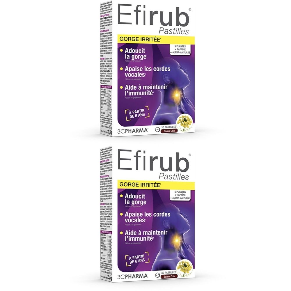 Deux boîtes de Efirub Pastilles. Inscription : GORGE IRRITÉE. Caractéristiques : adoucit la gorge, apaise les cordes vocales, aide l'immunité. 3C Pharma.