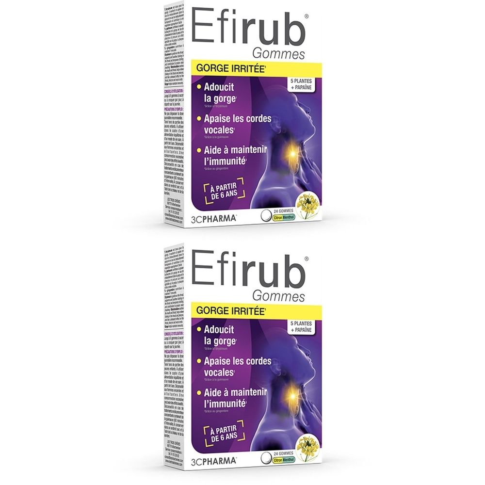 Deux boîtes de Efirub Gommes. Inscription: GORGE IRRITÉE. Contient des informations sur le soulagement de la gorge et le soutien immunitaire. 3C Pharma.