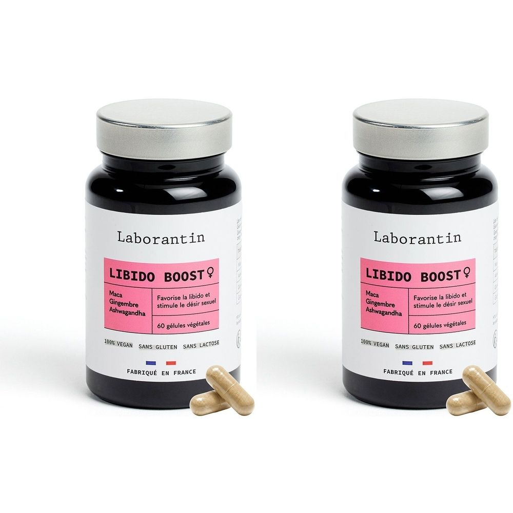 Deux flacons Laborantin Libido Boost Femme avec gélules. Flacons noirs avec bouchons argentés.