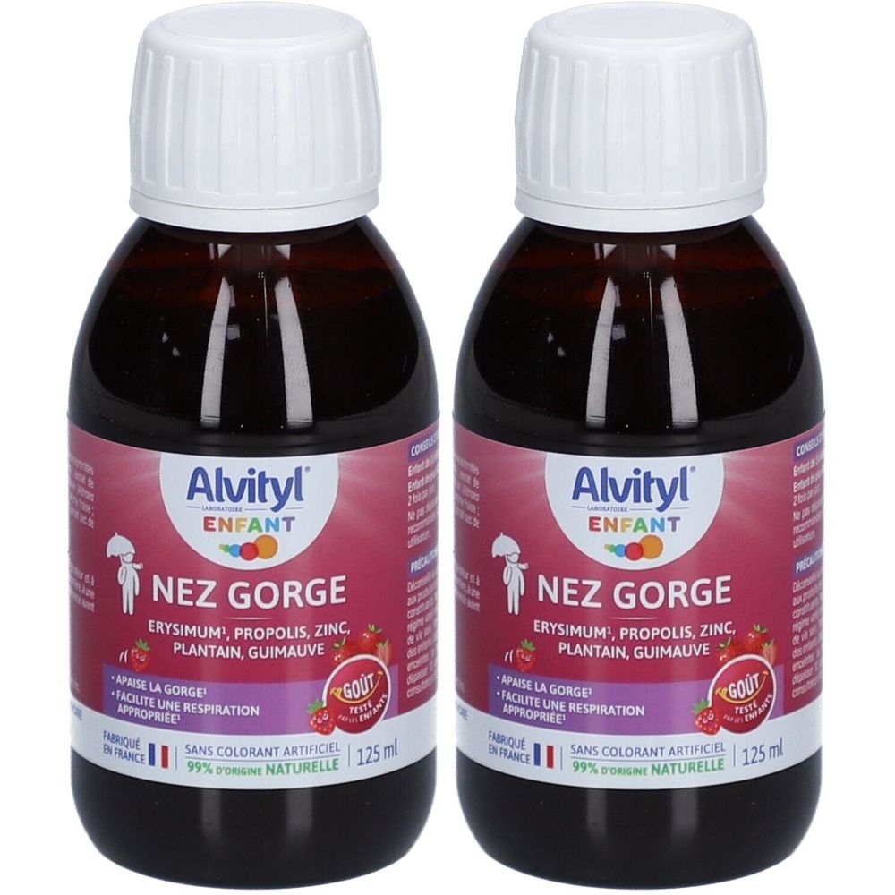 Deux flacons Alvityl Enfant Nez Gorge. Ingrédients : Erysimum, Propolis, Zinc, Plantain, Guimauve. Bouchons blancs, liquide brun, étiquettes rouges.