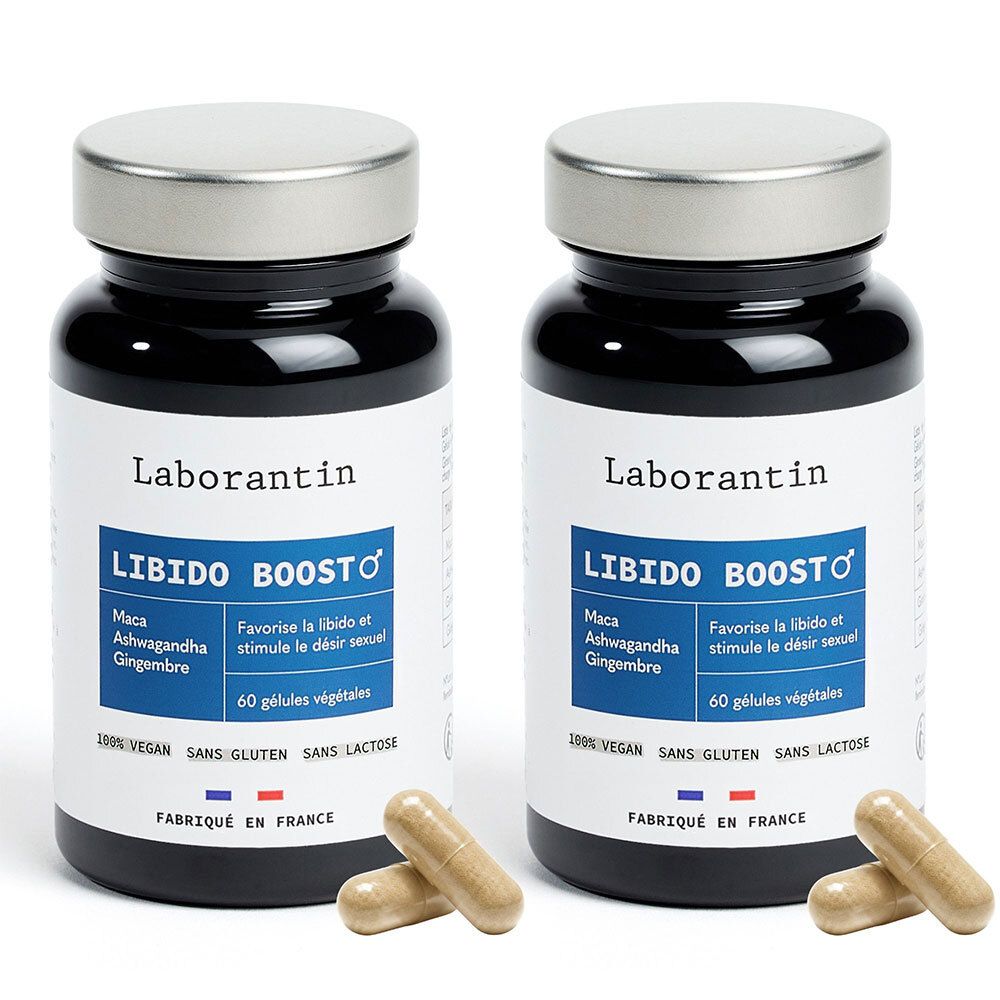 Deux flacons de Laborantin Libido Boost Homme, 60 gélules chacun. Gélules jointes.