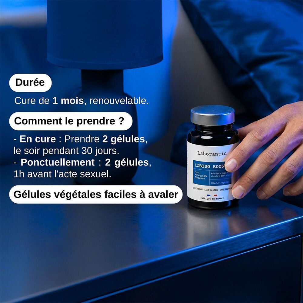 Flacon de produit sur table de chevet. Texte: LABORANTIN, LIBIDO BOOST. Instructions: 2 gélules le soir.