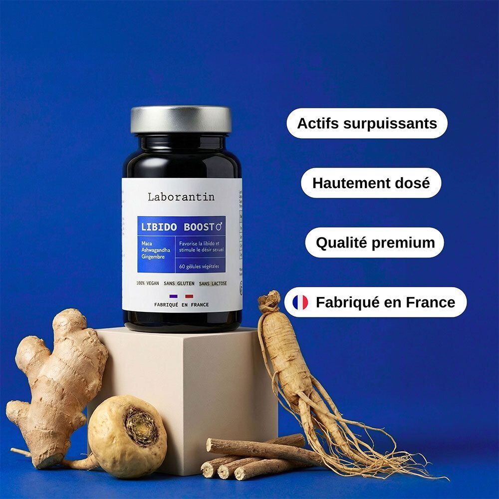 Flacon de produit, gingembre, maca, ginseng. Texte: LABORANTIN, LIBIDO BOOST. Fabriqué en France.