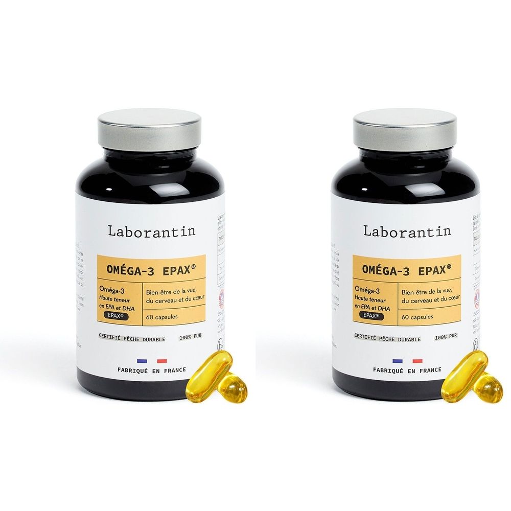 Deux flacons de Laborantin Oméga-3 Epax, capsules EPA & DHA d'huile de poisson. 60 capsules par flacon.