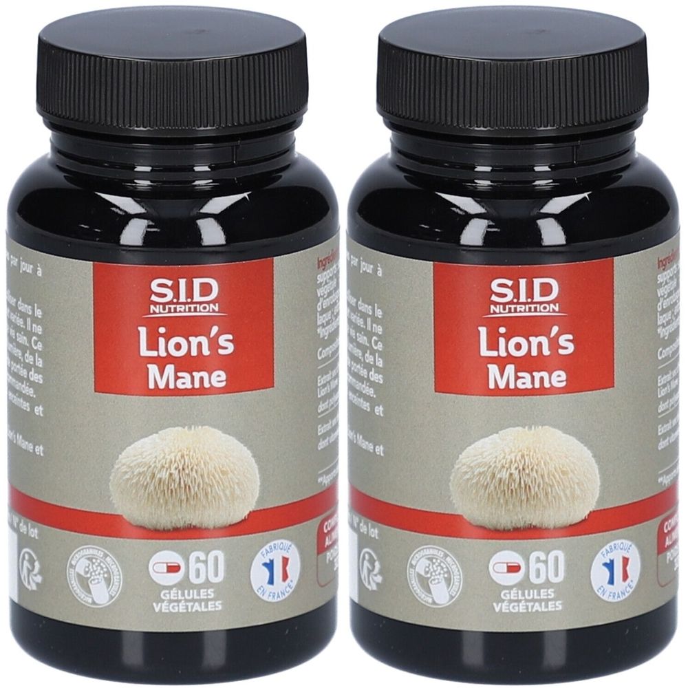 Deux flacons noirs de gélules. L'étiquette indique "S.I.D NUTRITION Lion's Mane". Chaque flacon contient 60 gélules.