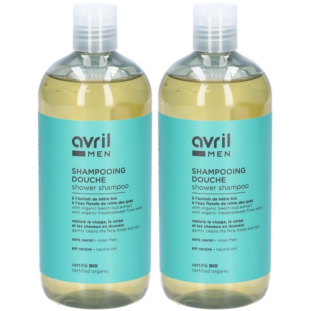 Deux flacons de Shampooing Douche. Étiquettes turquoise avec texte blanc. Marque: Avril Men. Label certifié bio. Liquide transparent.