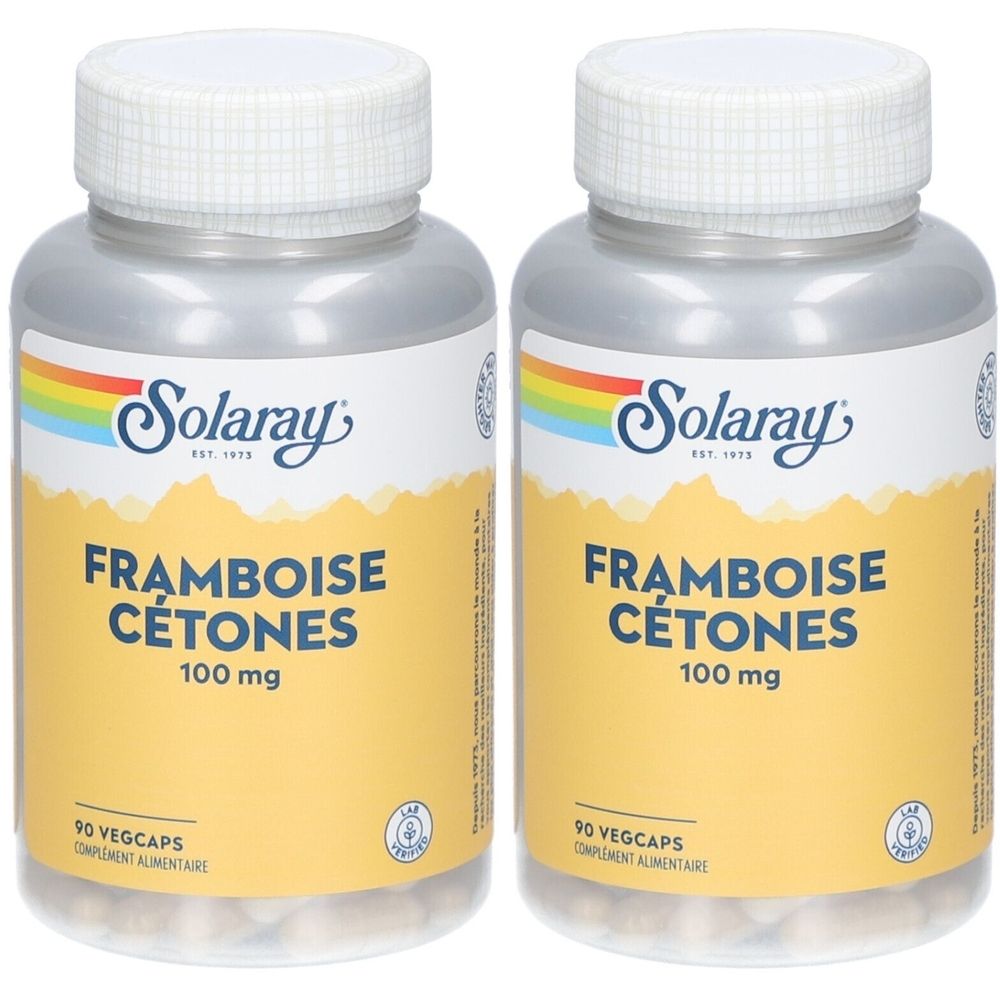 Deux flacons avec des couvercles blancs. Sur l'étiquette jaune, on lit "FRAMBOISE CÉTONES 100 mg" et "Solaray". Inscription "90 VEGCAPS".