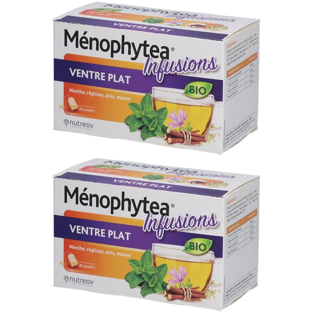 Deux boîtes Ménophytea Infusions Ventre Plat. Certification Bio. Illustration de plantes et de thé.