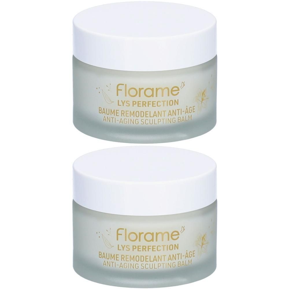 Deux pots avec couvercles blancs. Inscription: Florame, LYS PERFECTION, Baume Remodelant Anti-Âge, Anti-Aging Sculpting Balm.