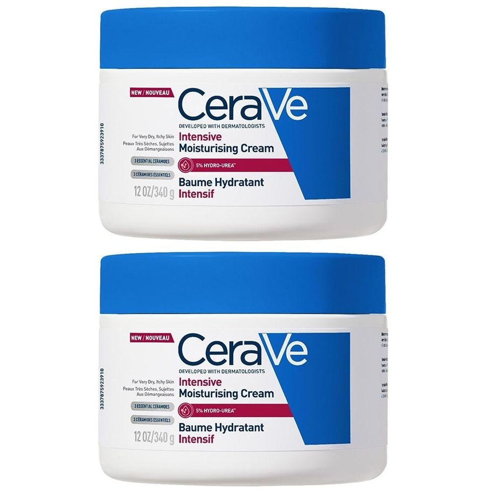 Deux pots blancs avec couvercles bleus. Inscription CeraVe, Intensive Moisturising Cream, Baume Hydratant Intensif. 12 oz/340 g.
