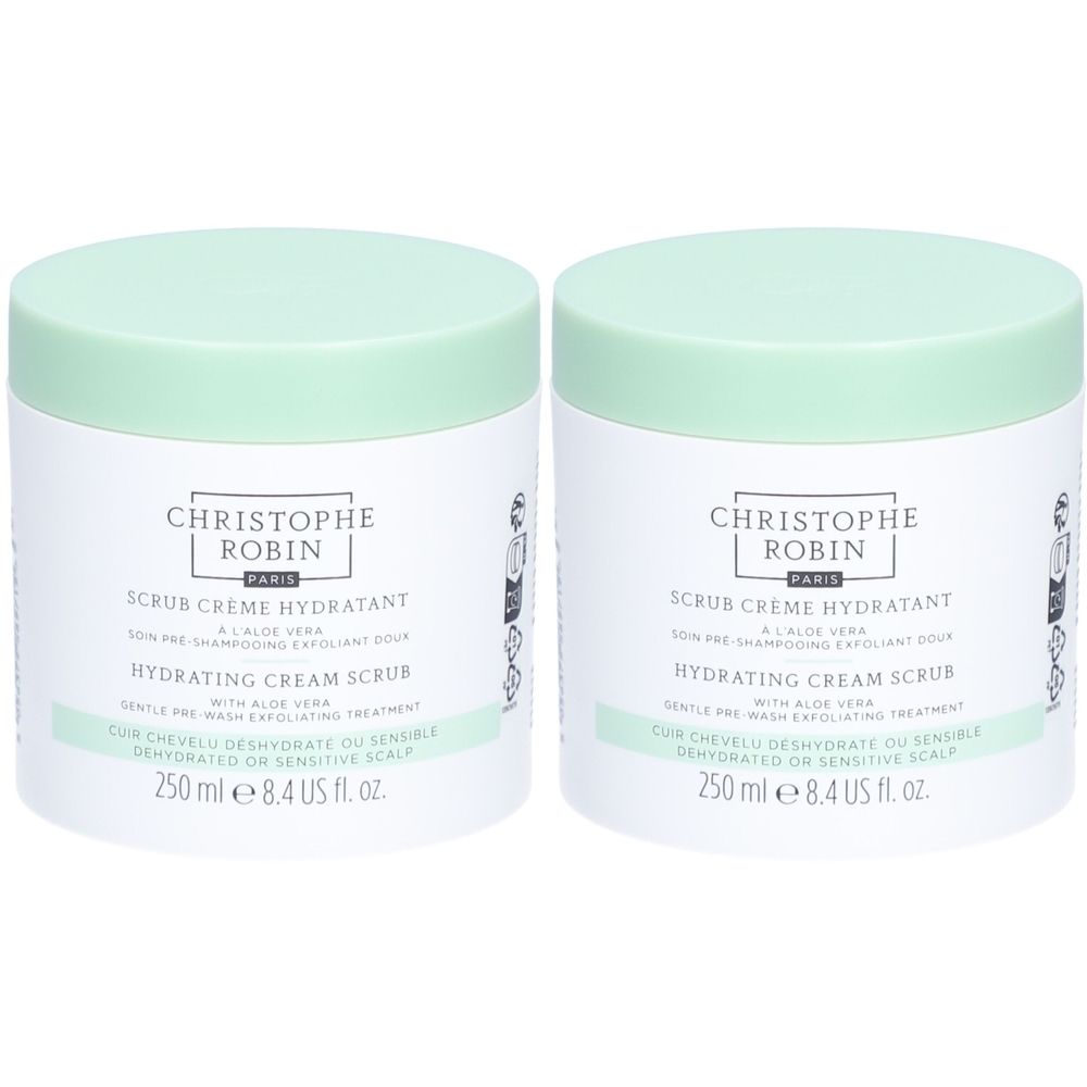 Deux pots de Christophe Robin Scrub Crème Hydratant à l'Aloe Vera, 250 ml.