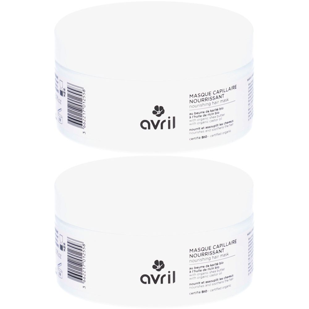Deux pots blancs avec couvercles. Inscription: Masque Capillaire Nourrissant. Marque: avril. Texte: Beurre de karité bio, huile d'argan bio.