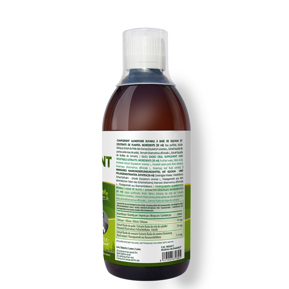 Vue arrière d'une bouteille de Siliplant Silicium G7. Liquide brun dans une bouteille marron avec bouchon blanc. Étiquette verte et blanche avec texte et logo.