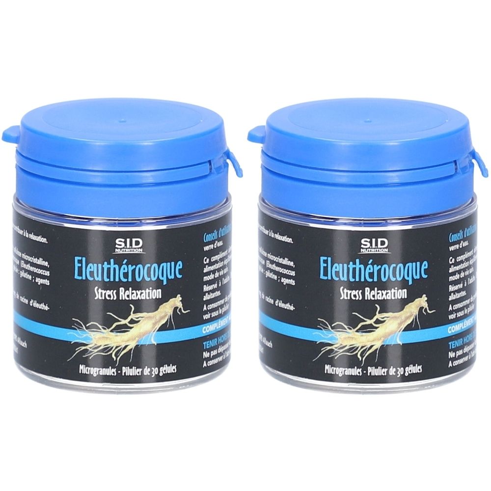 Deux pots de microgranules SID Eleutherococcus Stress Relaxation. Couvercles bleus, étiquettes noires avec illustration de racine de ginseng.