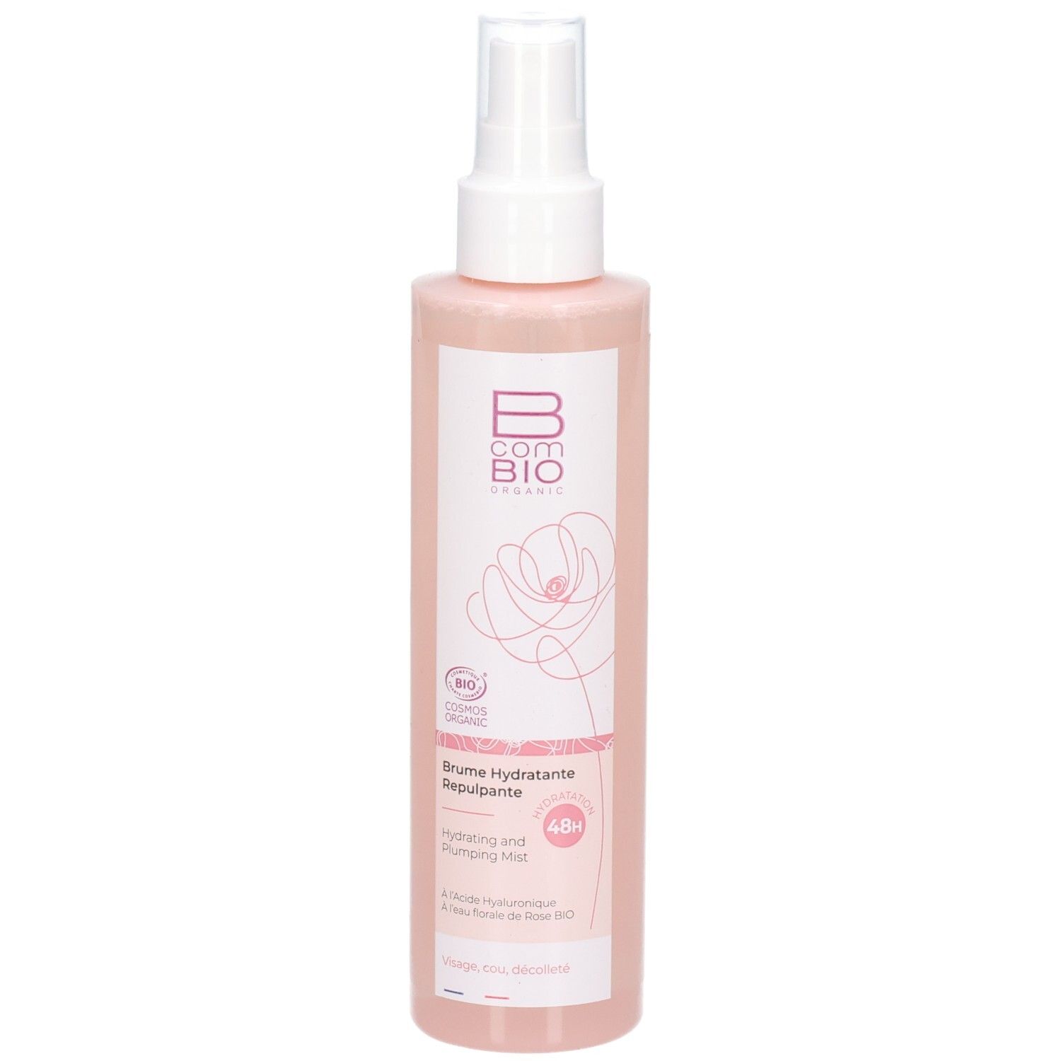 Flacon rose avec vaporisateur blanc. Inscription: B.COM BIO, Brume Hydratante Repulpante. Certification bio.