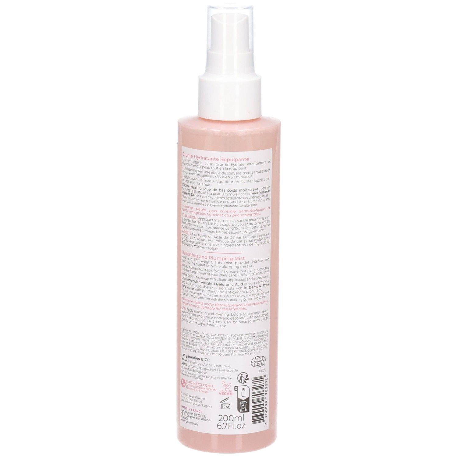 Dos du flacon rose. Informations textuelles, logo, certification bio, 200ml, 6.7 fl.oz. Symbole de recyclage.
