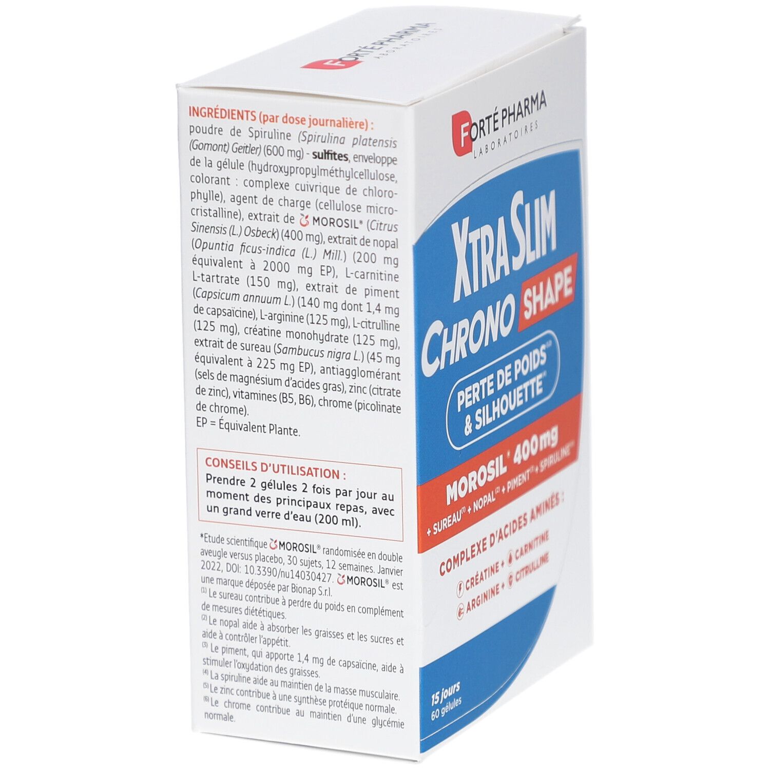 Boîte blanche, vue détaillée. Texte: XtraSlim Chrono Shape, Morosil 400 mg, ingrédients, mode d'emploi, logo Forte Pharma.