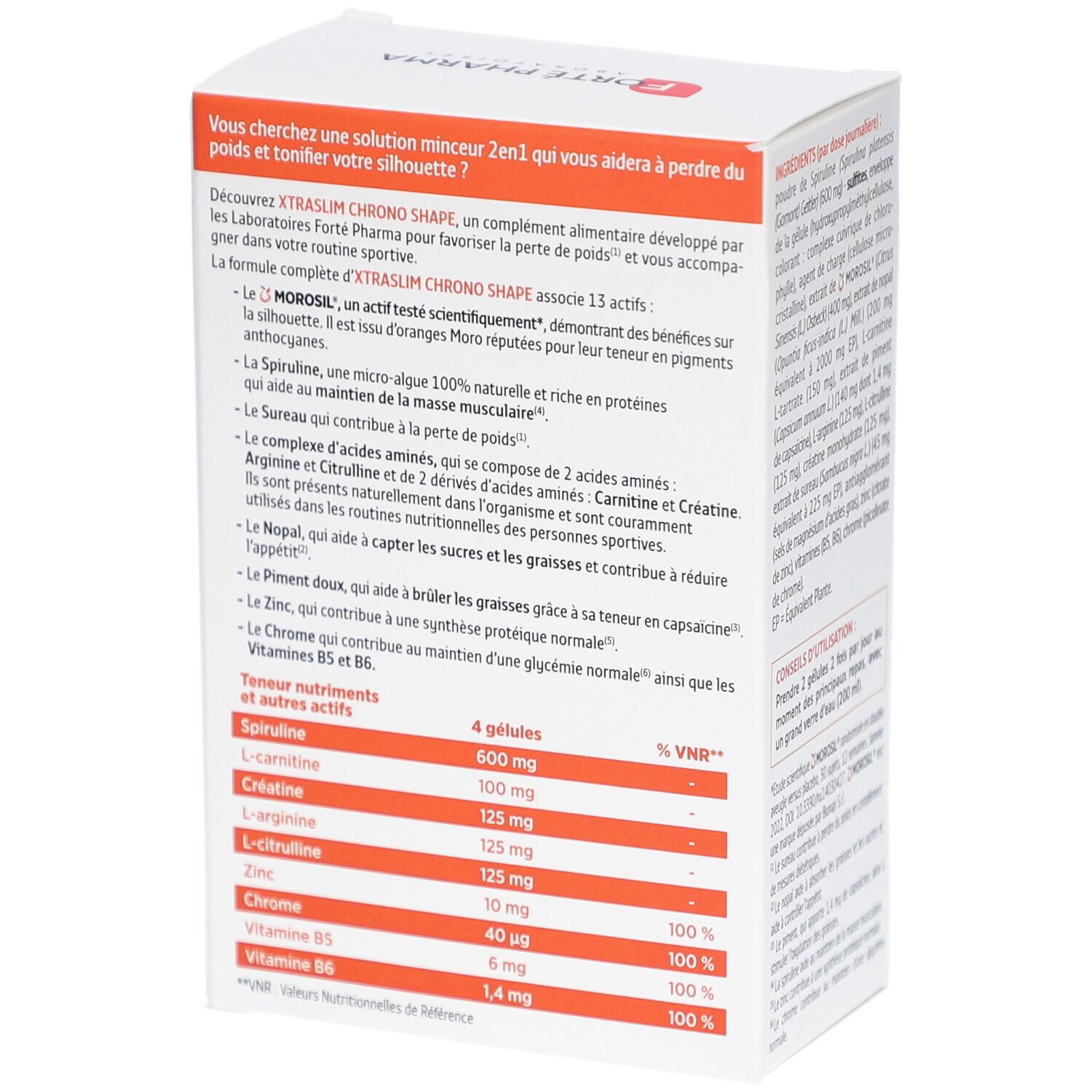 Boîte blanche, dos. Texte: XtraSlim Chrono Shape, ingrédients, informations nutritionnelles, logo Forte Pharma.