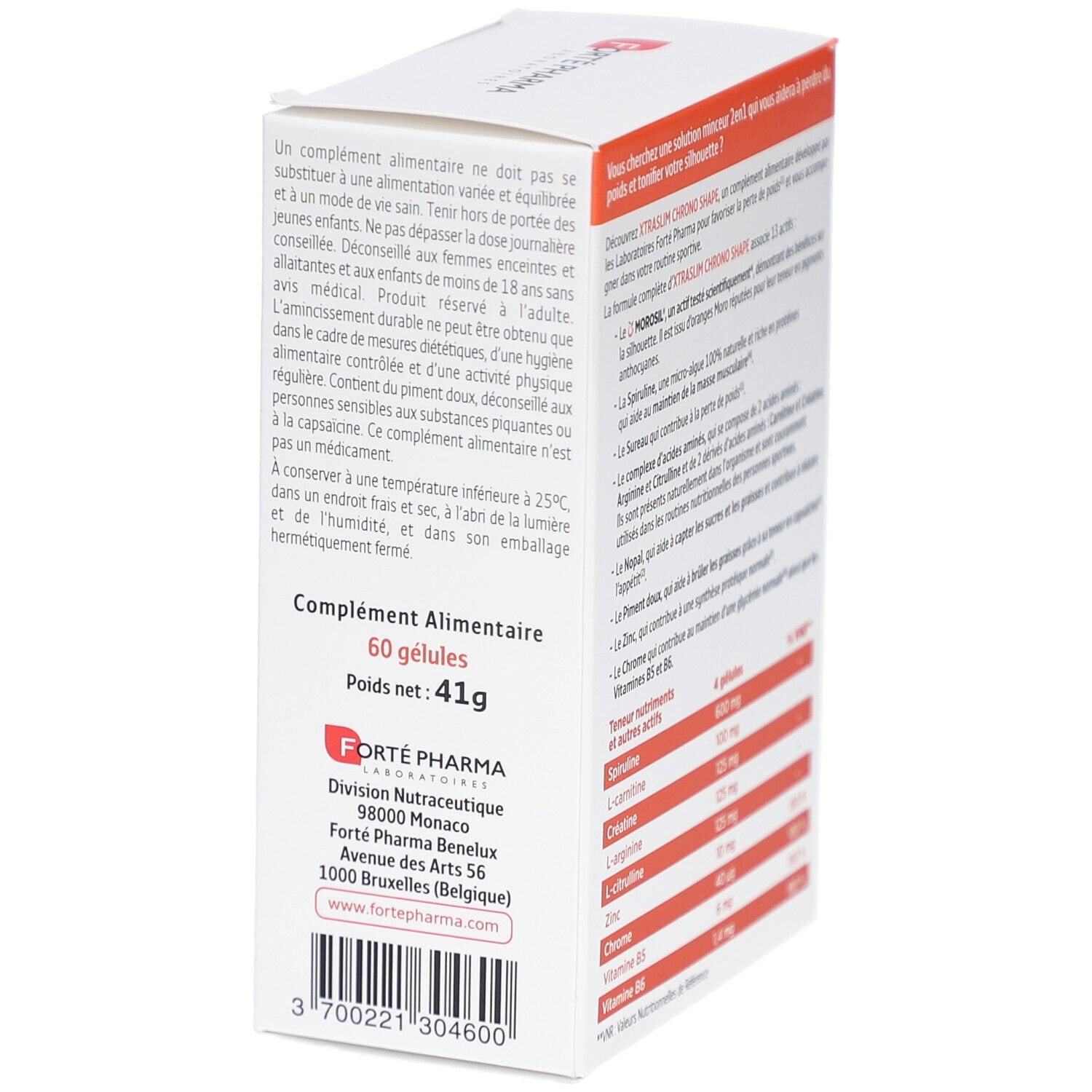 Boîte blanche, vue latérale. Texte: 60 gélules, 41g, logo Forte Pharma, adresse et code-barres.
