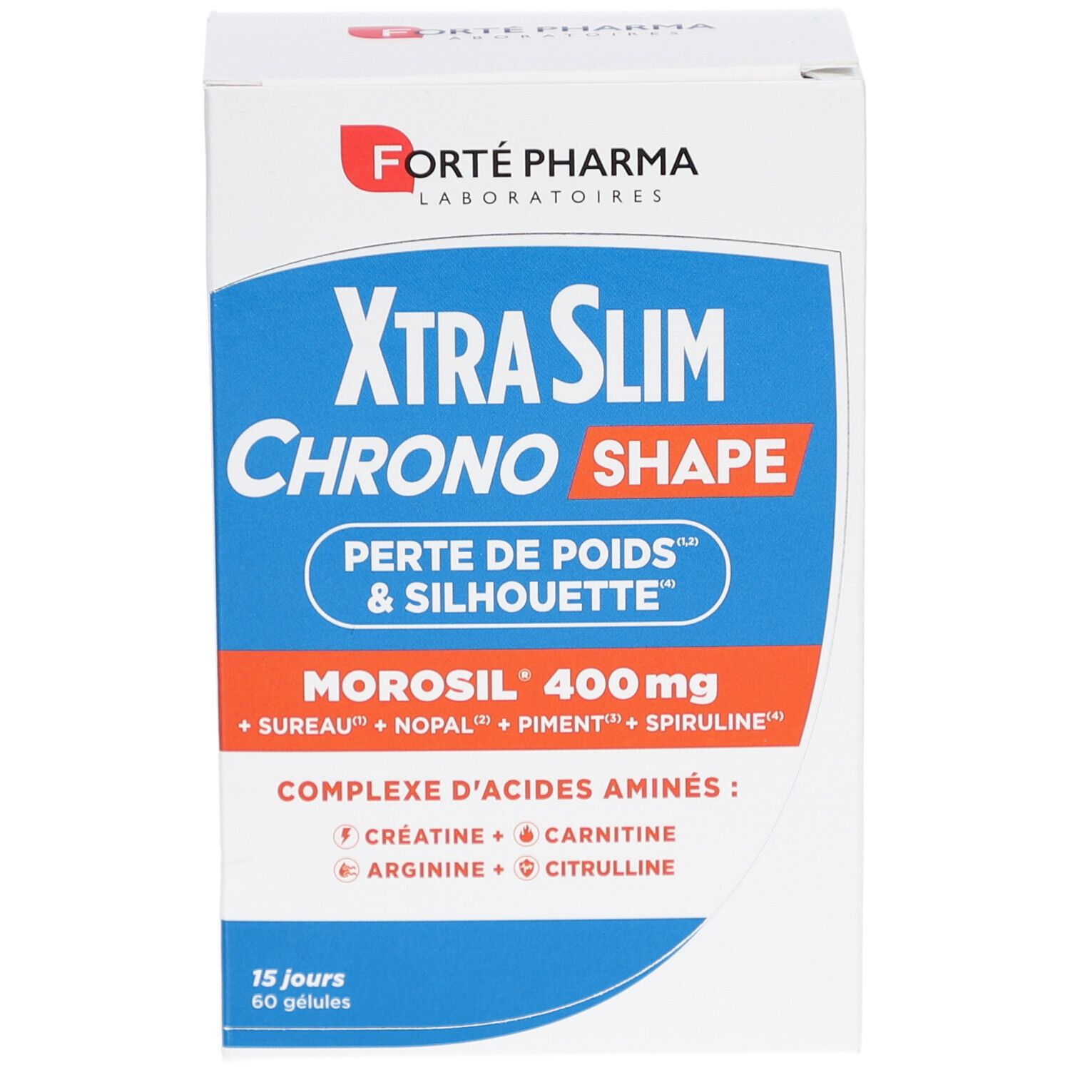 Boîte blanche avec texte bleu et rouge. XtraSlim Chrono Shape, Perte de Poids & Silhouette, Morosil 400 mg, 60 gélules. Forte Pharma.