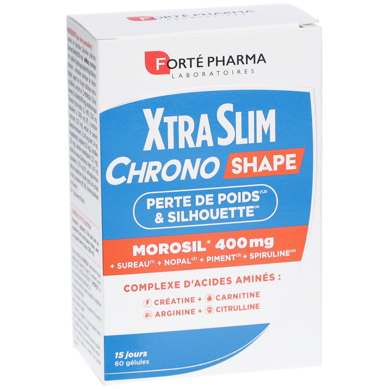 Boîte blanche avec texte bleu et rouge. XtraSlim Chrono Shape, Perte de Poids & Silhouette, Morosil 400 mg, 60 gélules. Forte Pharma.