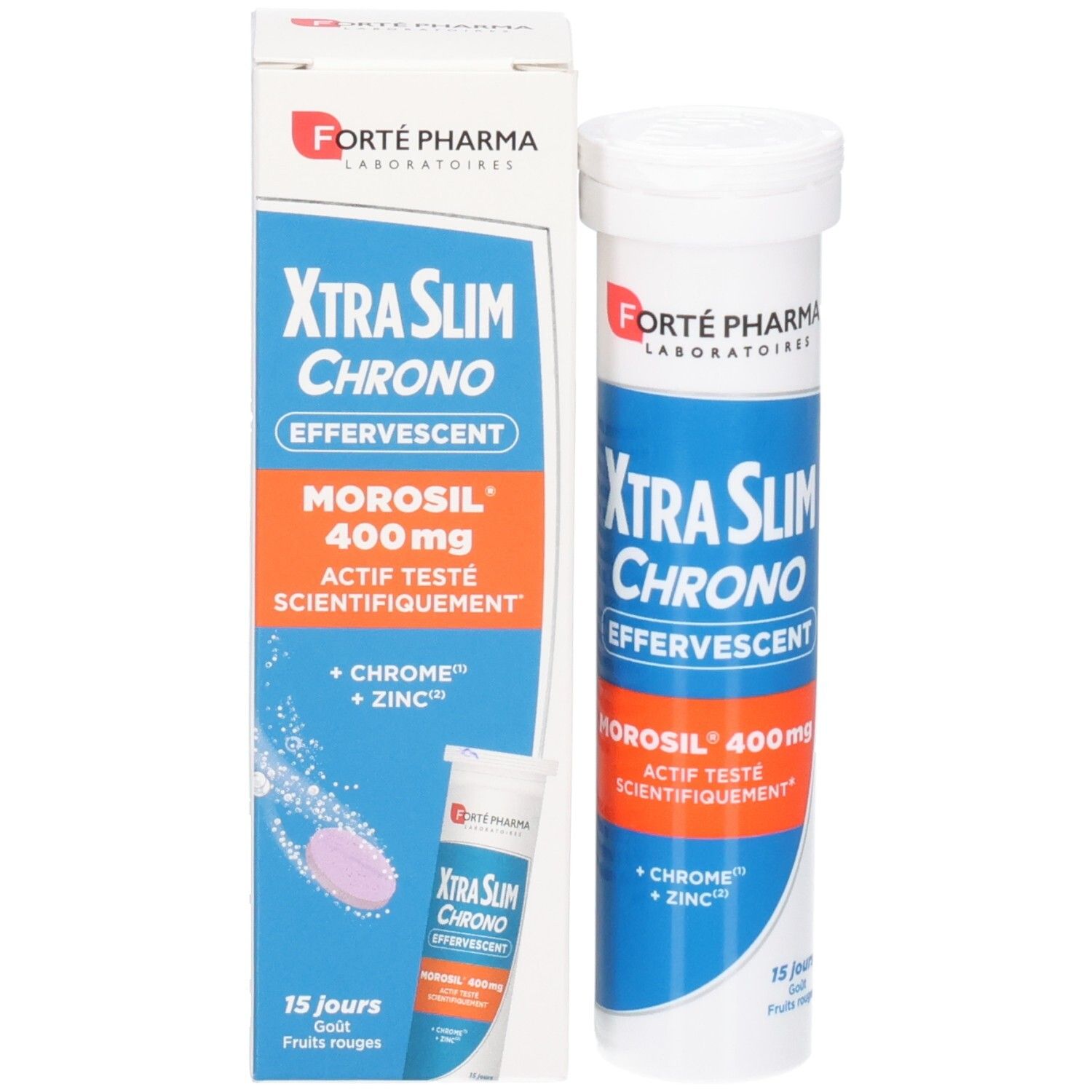 XTRASLIM CHRONO EFFERVESCENT: Tube et boîte carton de 15 comprimés effervescents, MOROSIL 400mg.