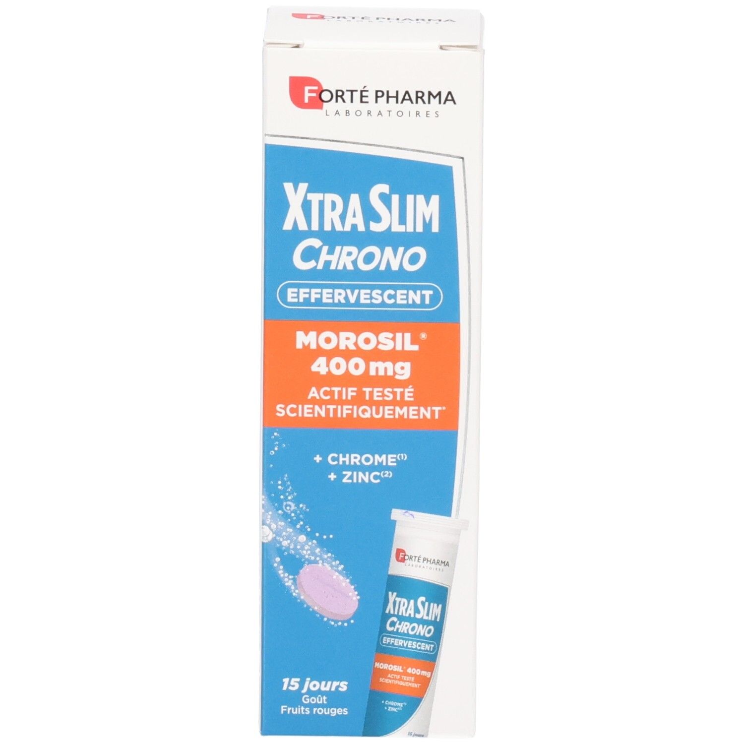 XTRASLIM CHRONO EFFERVESCENT: Tube et boîte carton de 15 comprimés effervescents, MOROSIL 400mg.