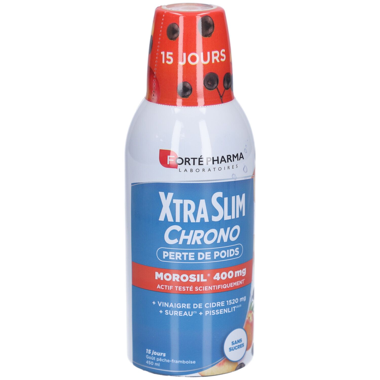 Bouteille blanche et bleue, bouchon rouge. Inscription: XtraSlim Chrono, Forte Pharma. Contient Morosil 400mg. Sans sucre.