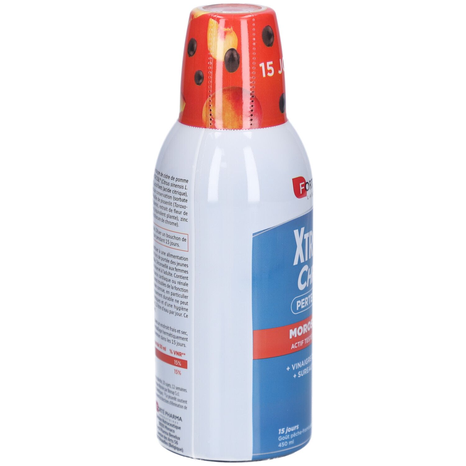 Bouteille blanche avec inscriptions bleues et rouges. Texte: XtraSlim Chrono, Forte Pharma. Contient Morosil. Dos avec texte.