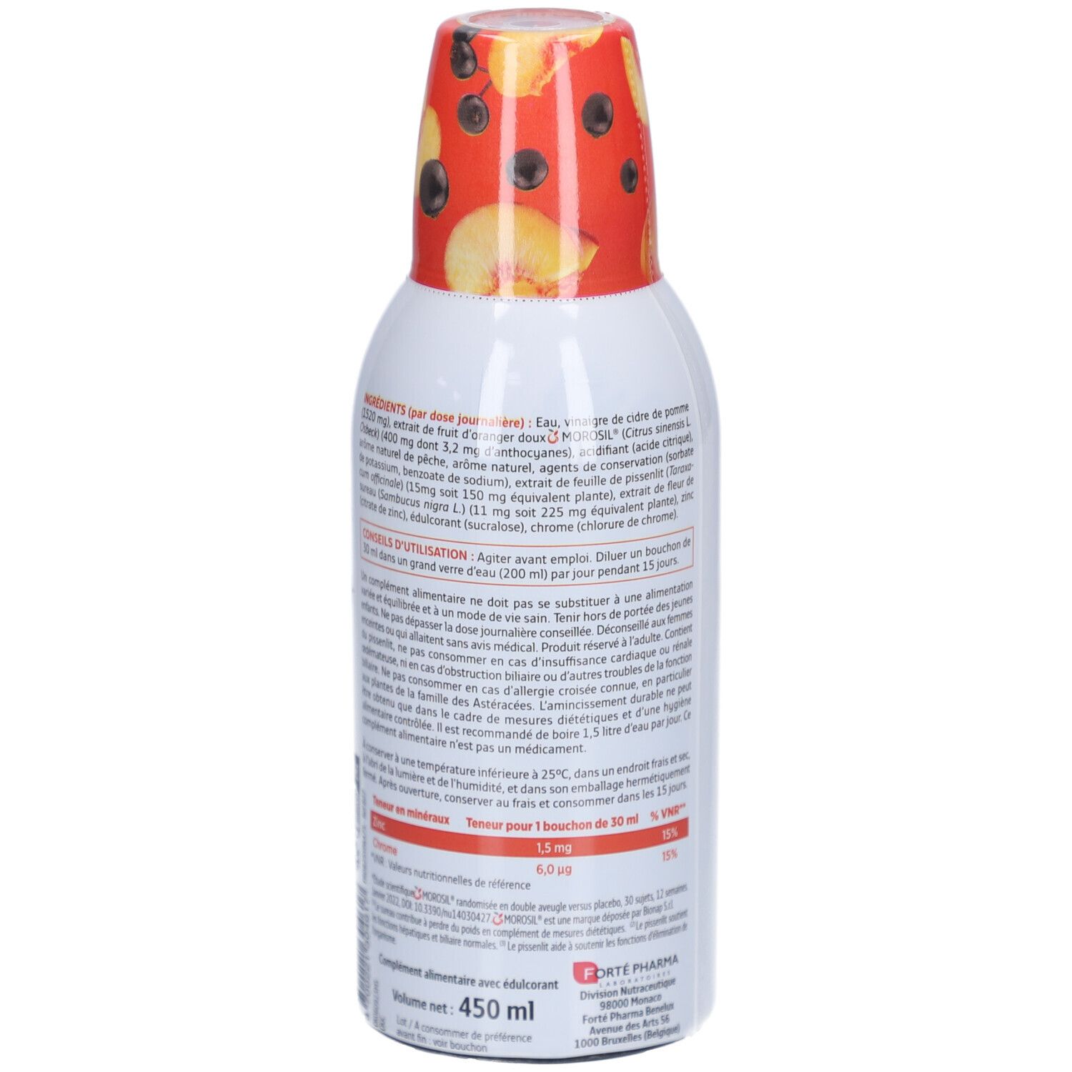 Bouteille avec bouchon rouge et corps blanc. Texte: XtraSlim Chrono, Forte Pharma. Dos avec ingrédients et conseils d'utilisation.