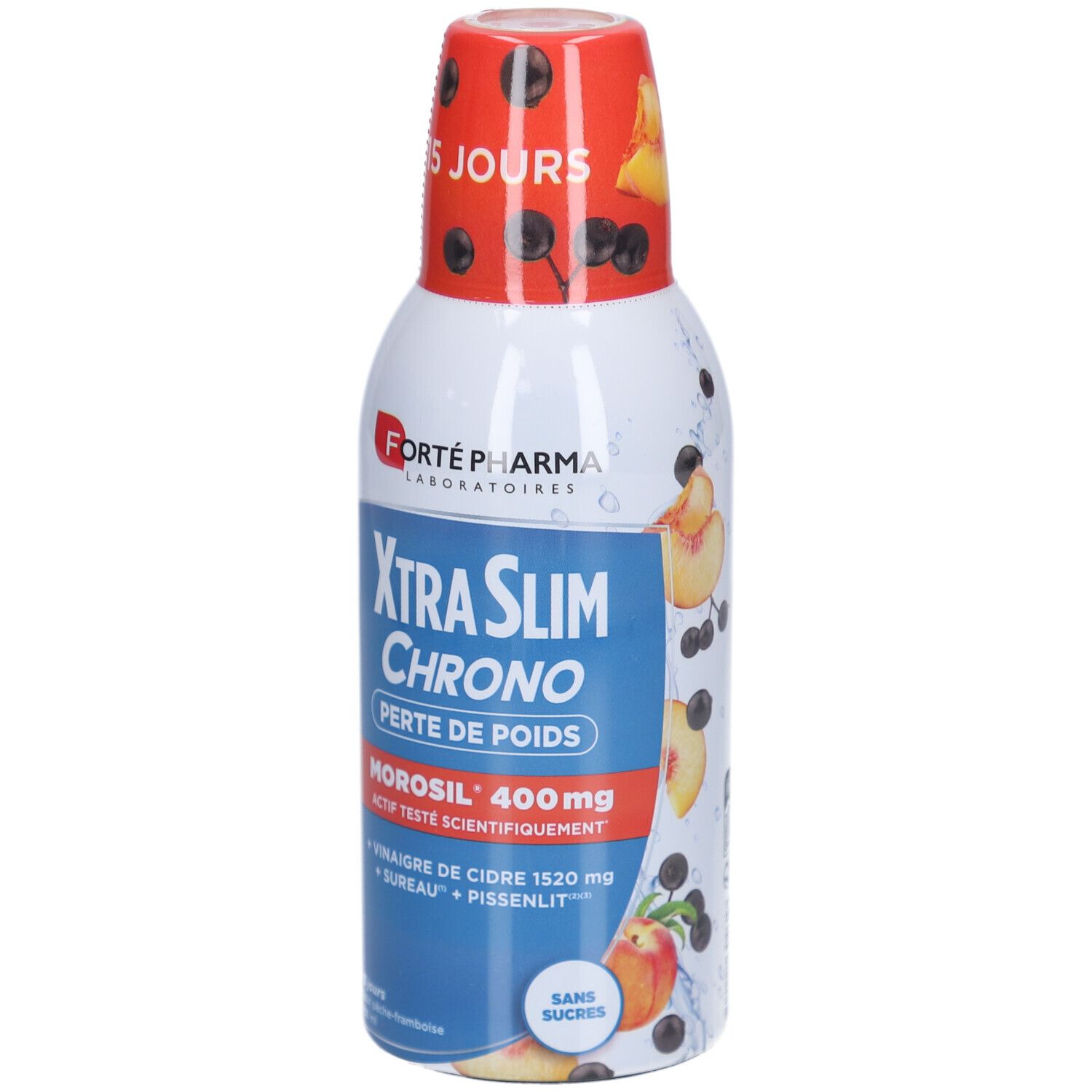Bouteille blanche avec bouchon rouge. Inscription: XtraSlim Chrono, Forte Pharma. Contient Morosil 400mg. Sans sucre. Illustration de fruits.