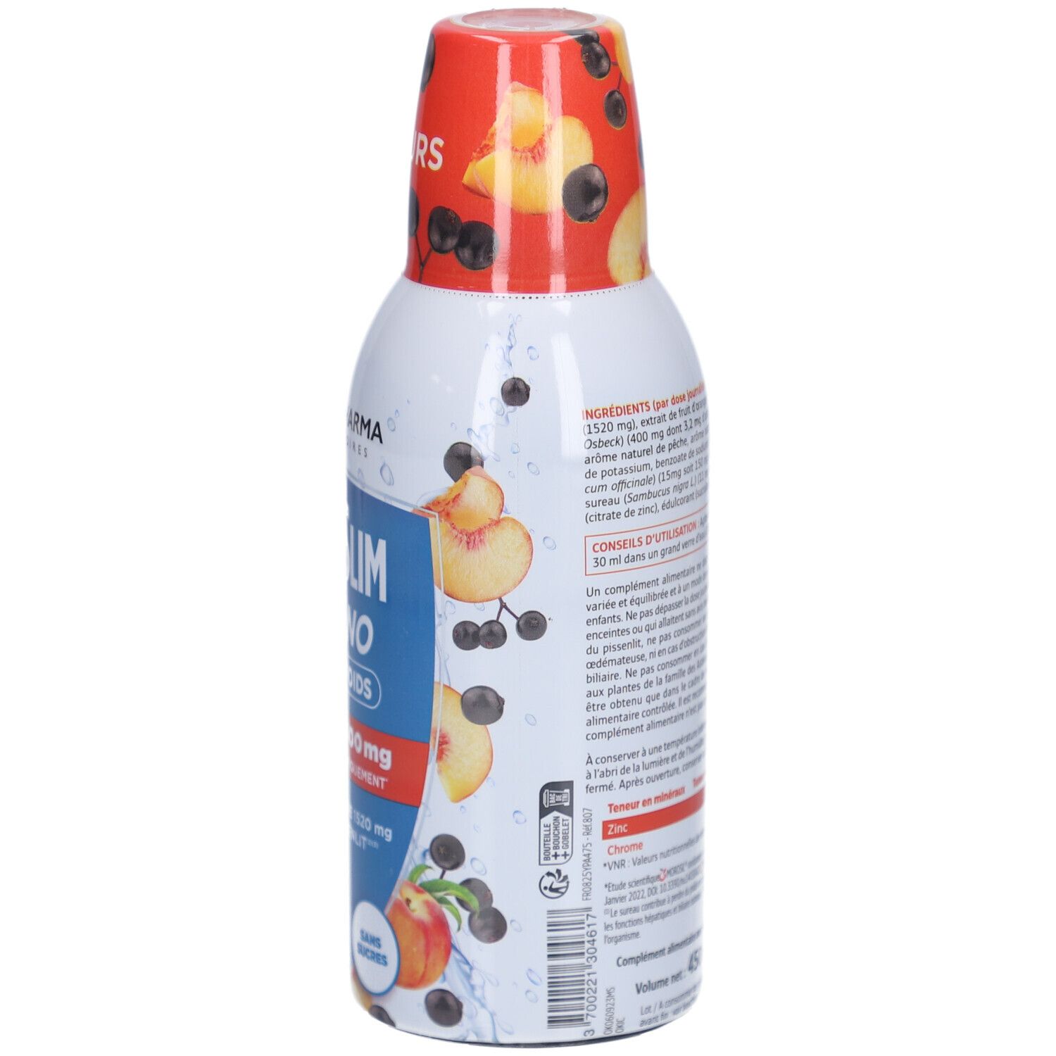 Bouteille avec bouchon rouge et corps blanc. Texte: XtraSlim Chrono, Forte Pharma. Dos avec ingrédients et informations nutritionnelles.