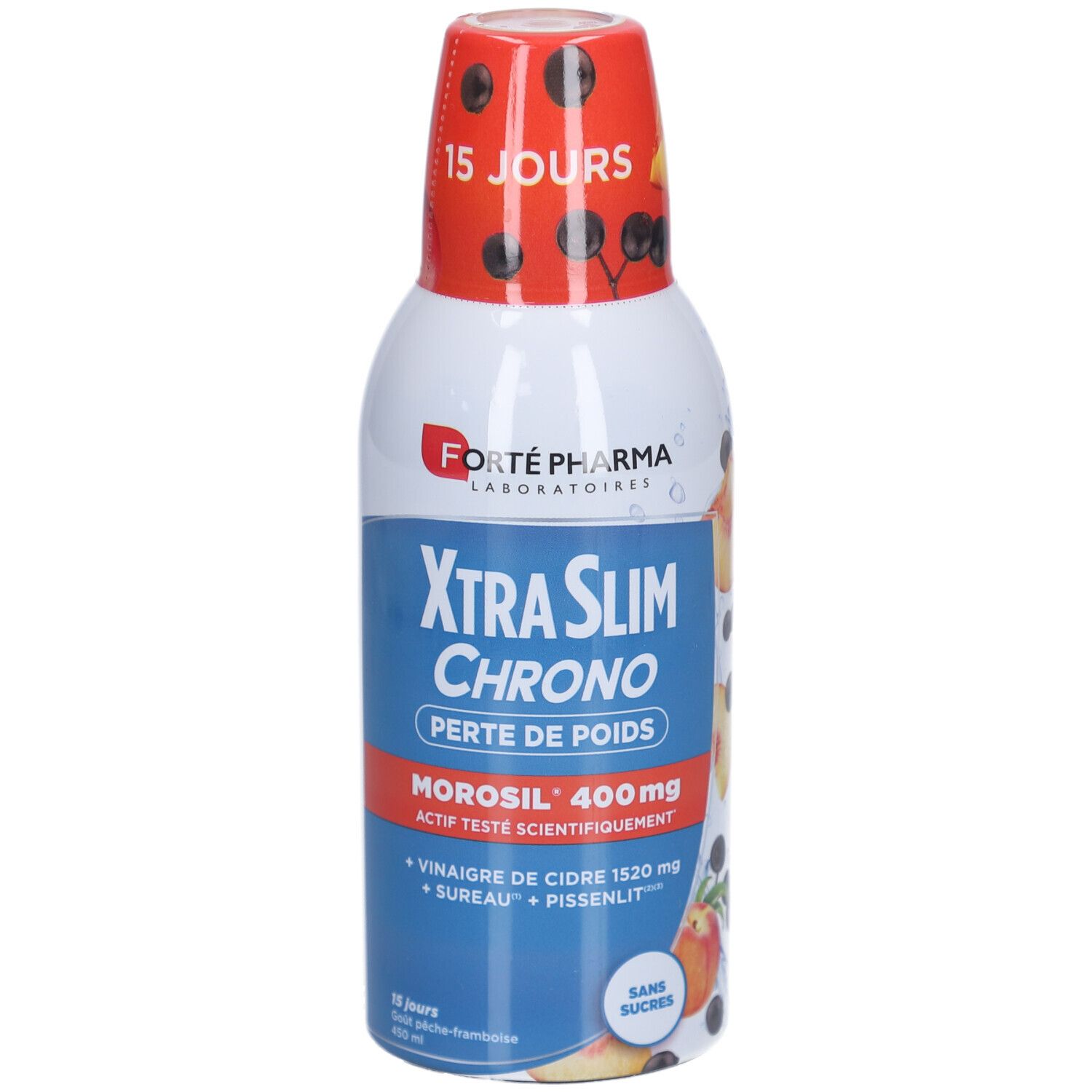 Bouteille blanche et bleue, bouchon rouge. Inscription: XtraSlim Chrono, Forte Pharma. Contient Morosil 400mg. Sans sucre. 15 jours.