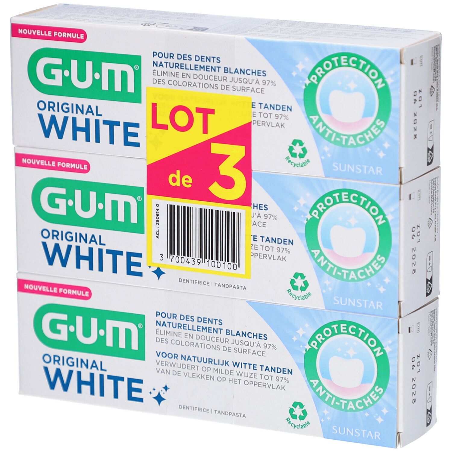 Trois tubes de dentifrice GUM Original White en emballage. Inscription: LOT de 3. Protection anti-taches. Symbole de recyclage.