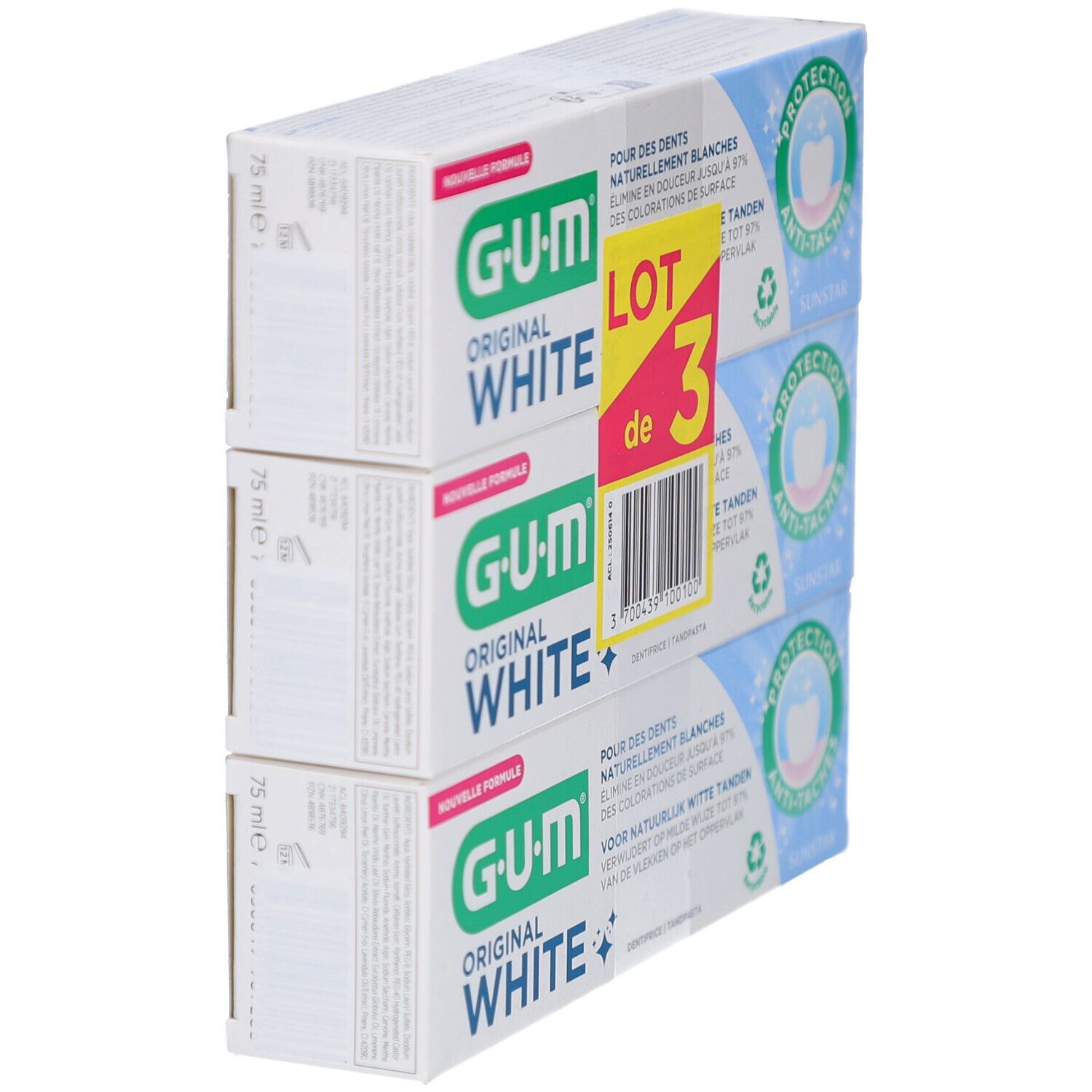 Trois tubes de dentifrice GUM Original White en emballage. Inscription: 75 ml. Protection anti-taches. Symbole de recyclage.