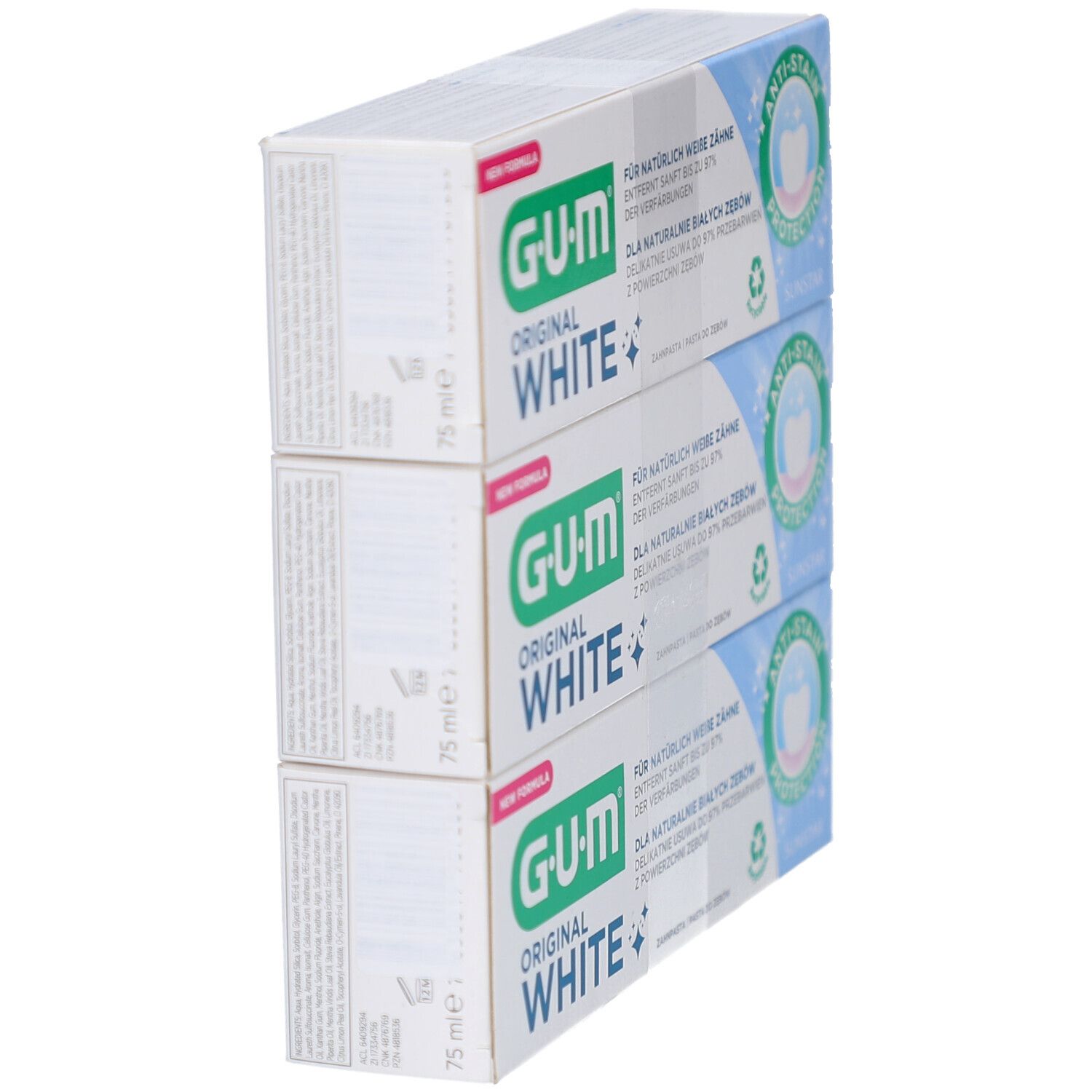 Trois tubes de dentifrice GUM Original White en emballage. Inscription: 75 ml. Protection anti-taches. Symbole de recyclage.