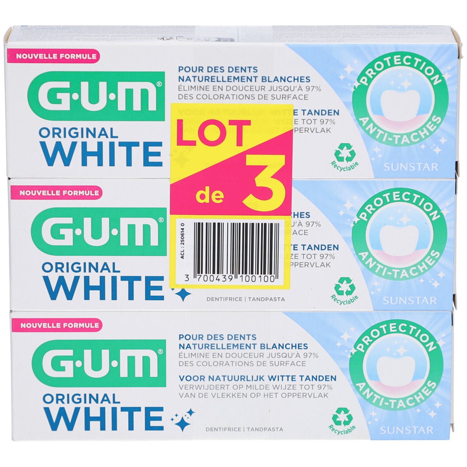 Trois tubes de dentifrice GUM Original White en emballage. Inscription: LOT de 3. Protection anti-taches. Symbole de recyclage.