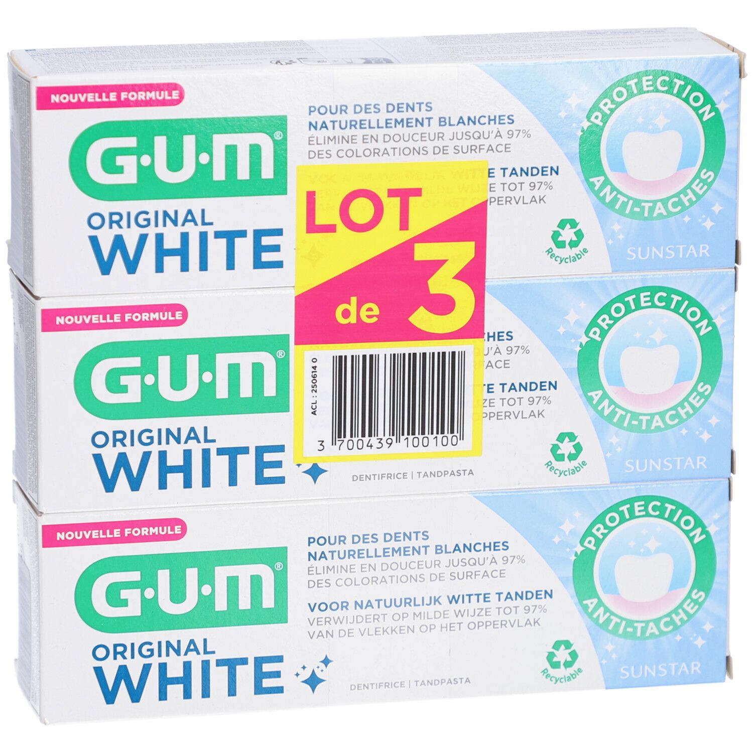 Trois tubes de dentifrice GUM Original White en emballage. Inscription: LOT de 3. Protection anti-taches. Symbole de recyclage.