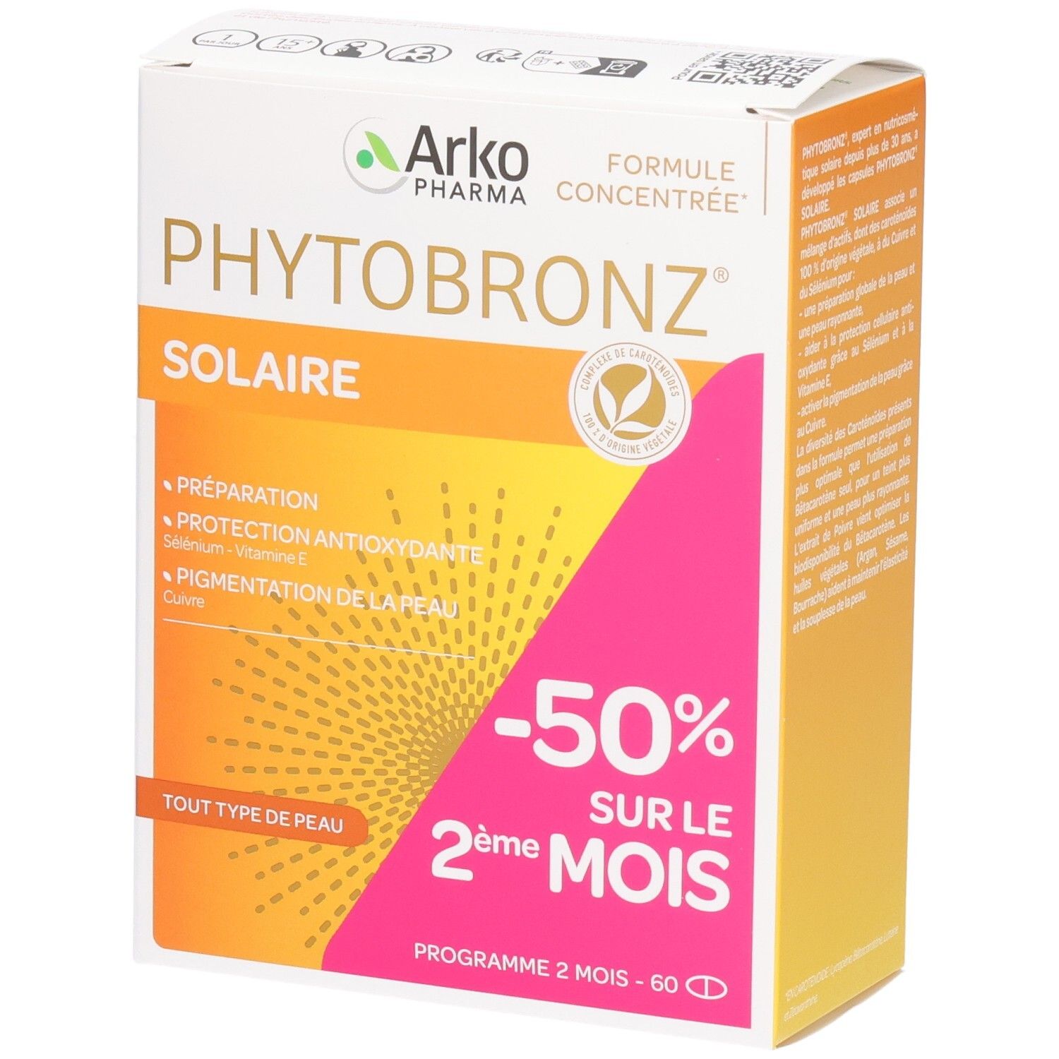 Boîte de produit. Inscriptions : PHYTOBRONZ, SOLAIRE, -50% sur le 2ème mois, pour tous types de peau.