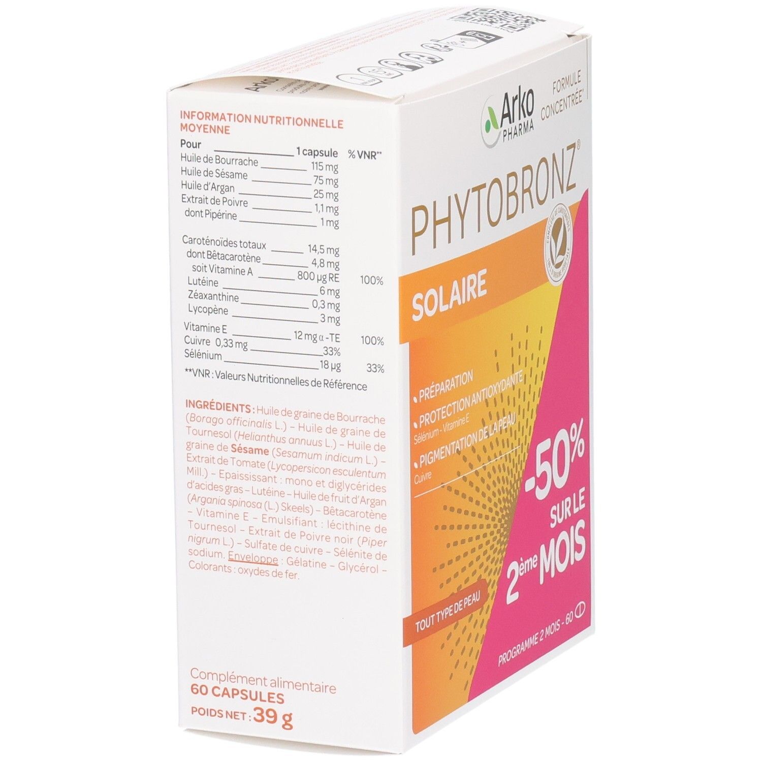Boîte de produit avec informations nutritionnelles et ingrédients. Contient 60 capsules, poids net 39g.