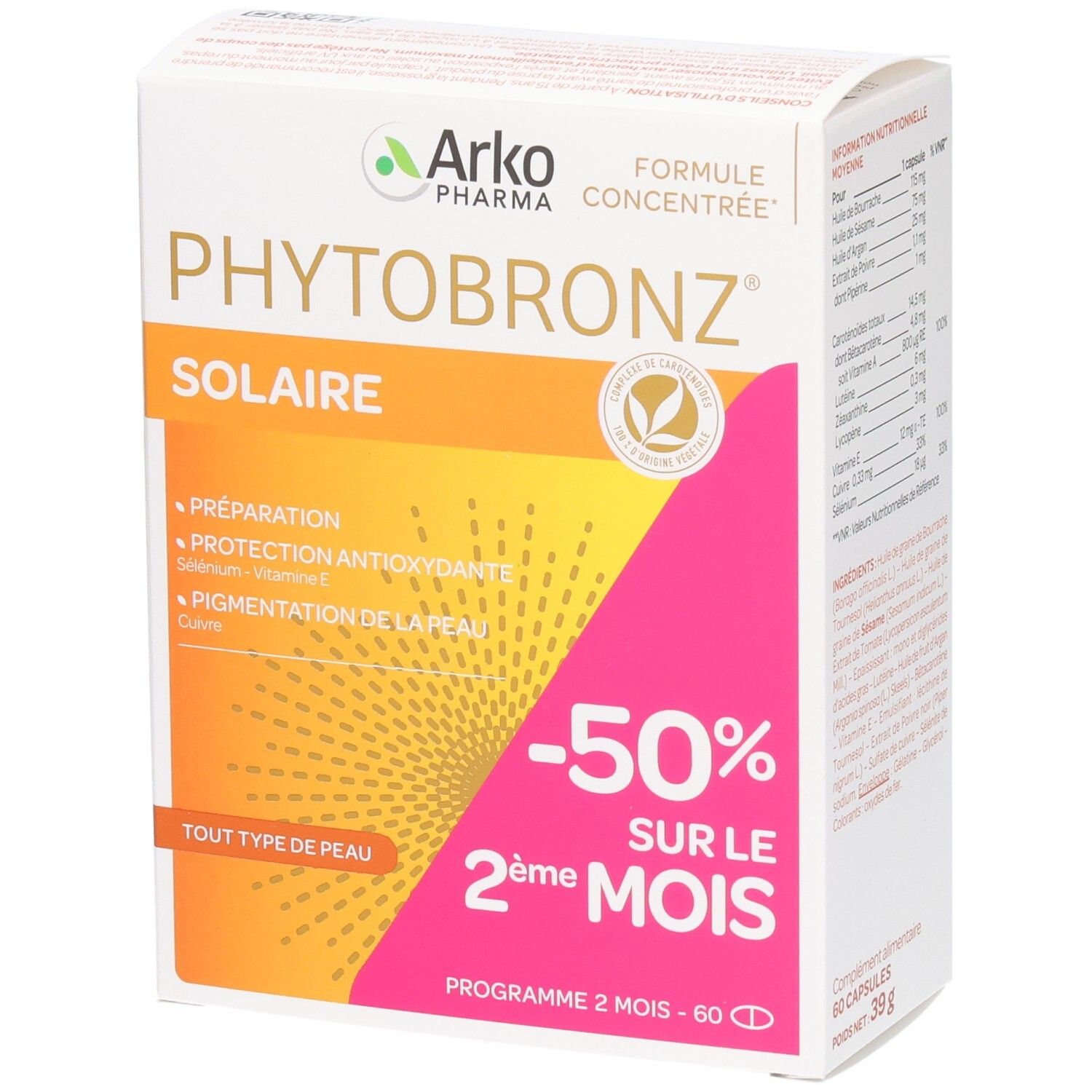 Boîte de produit. Inscriptions : PHYTOBRONZ, SOLAIRE, -50% sur le 2ème mois, pour tous types de peau.