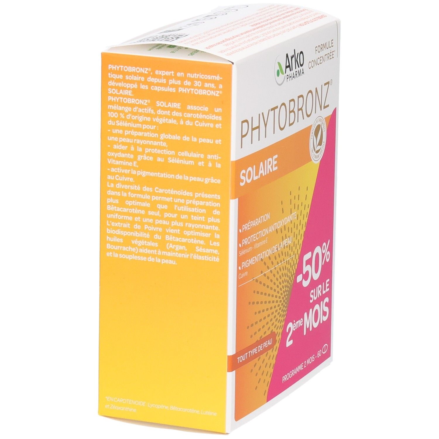 Boîte de produit. Texte décrivant les bienfaits du produit. Inscriptions : PHYTOBRONZ, SOLAIRE.