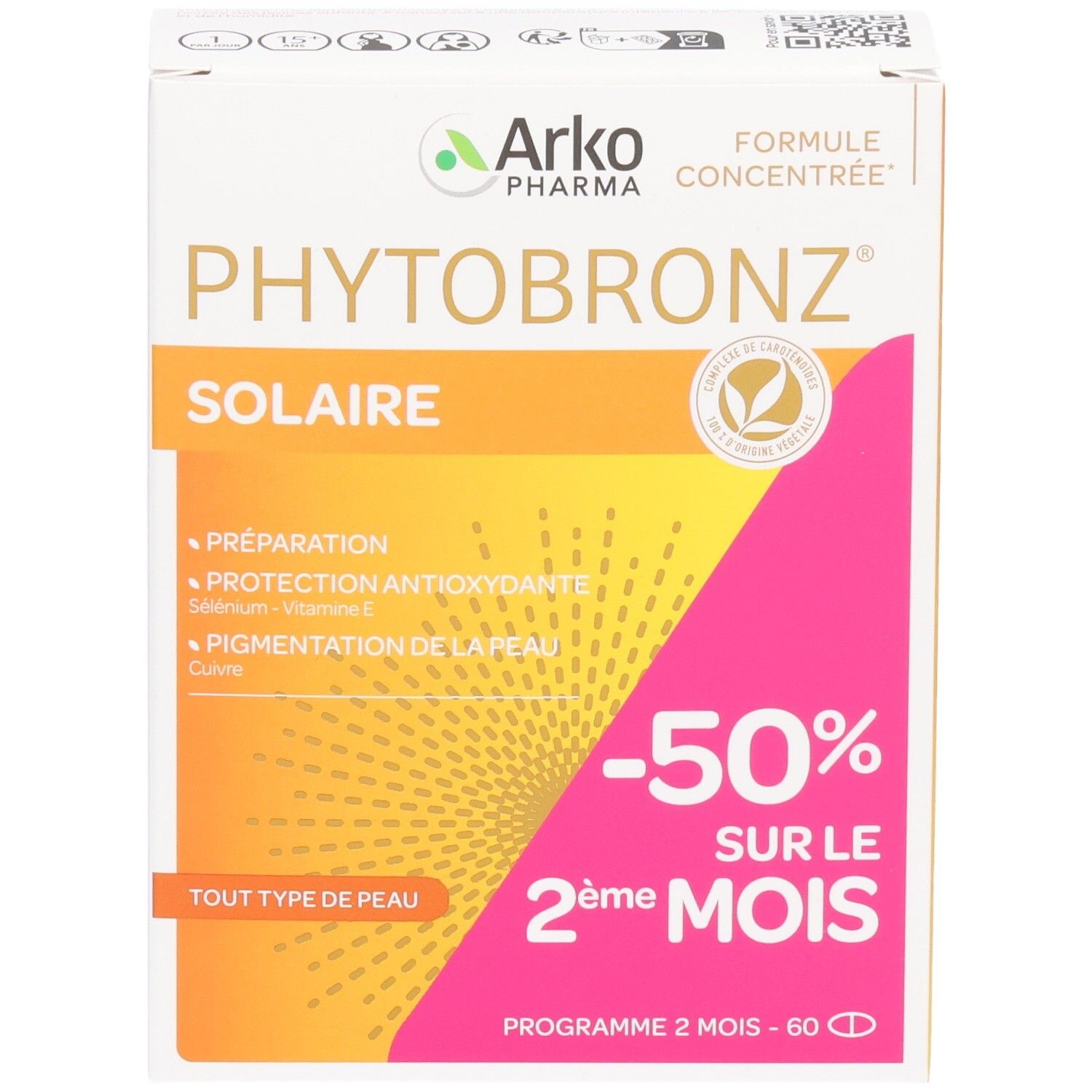 Boîte de produit. Inscriptions : PHYTOBRONZ, SOLAIRE, -50% sur le 2ème mois, pour tous types de peau.