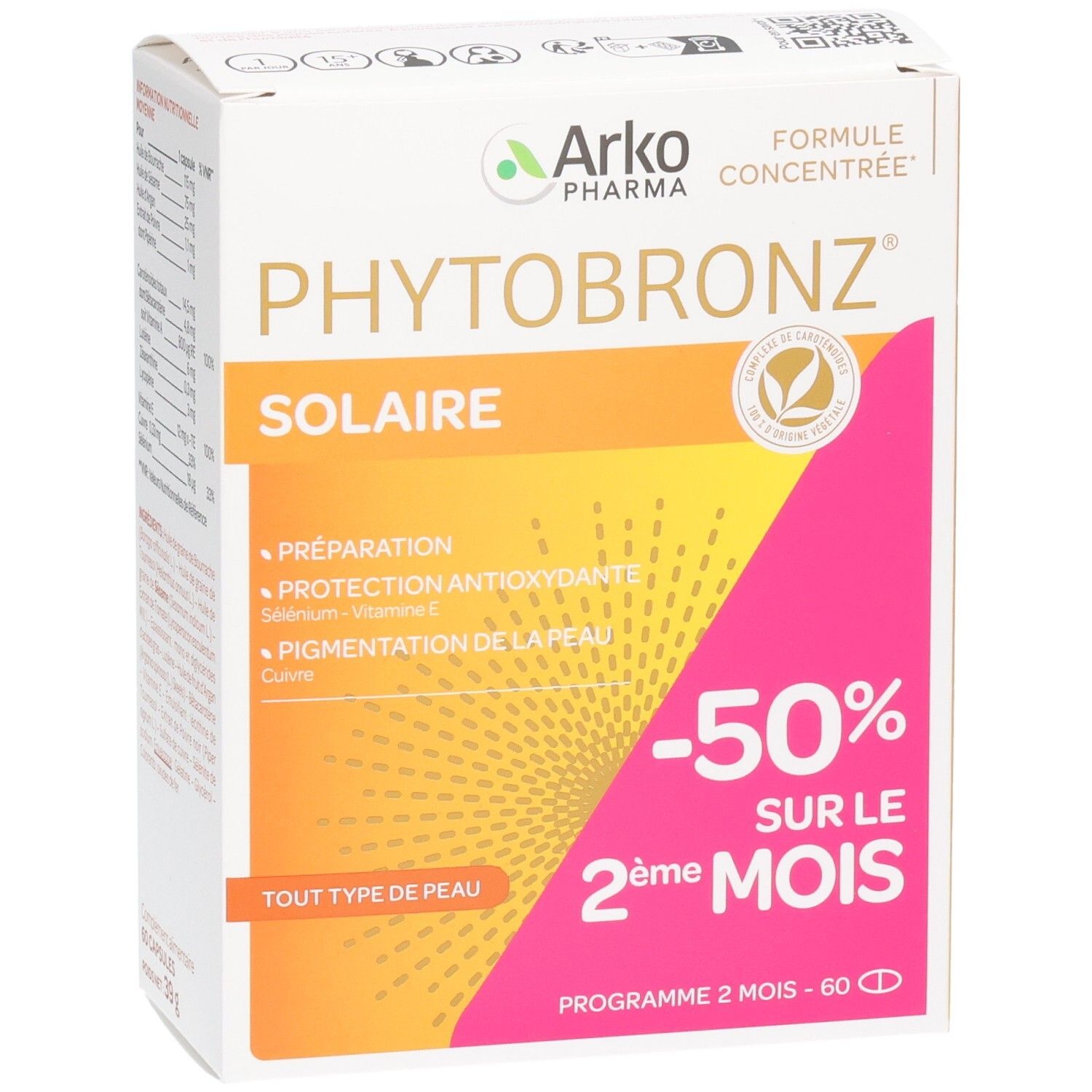 Boîte de produit. Inscriptions : PHYTOBRONZ, SOLAIRE, -50% sur le 2ème mois, pour tous types de peau.