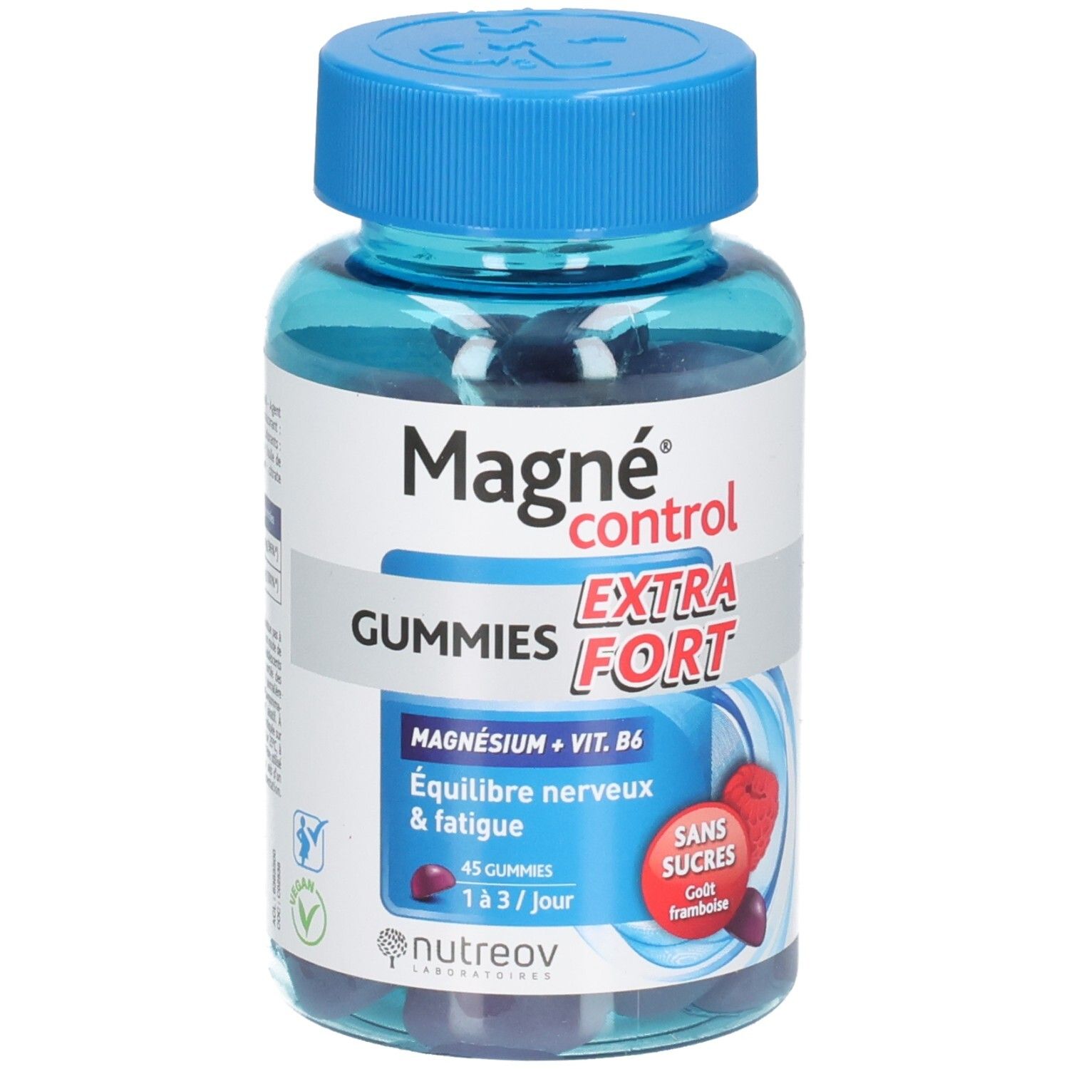 Flacon de Nutreov Magné Control Extra Fort Gummis avec Magnésium et Vitamine B6.
