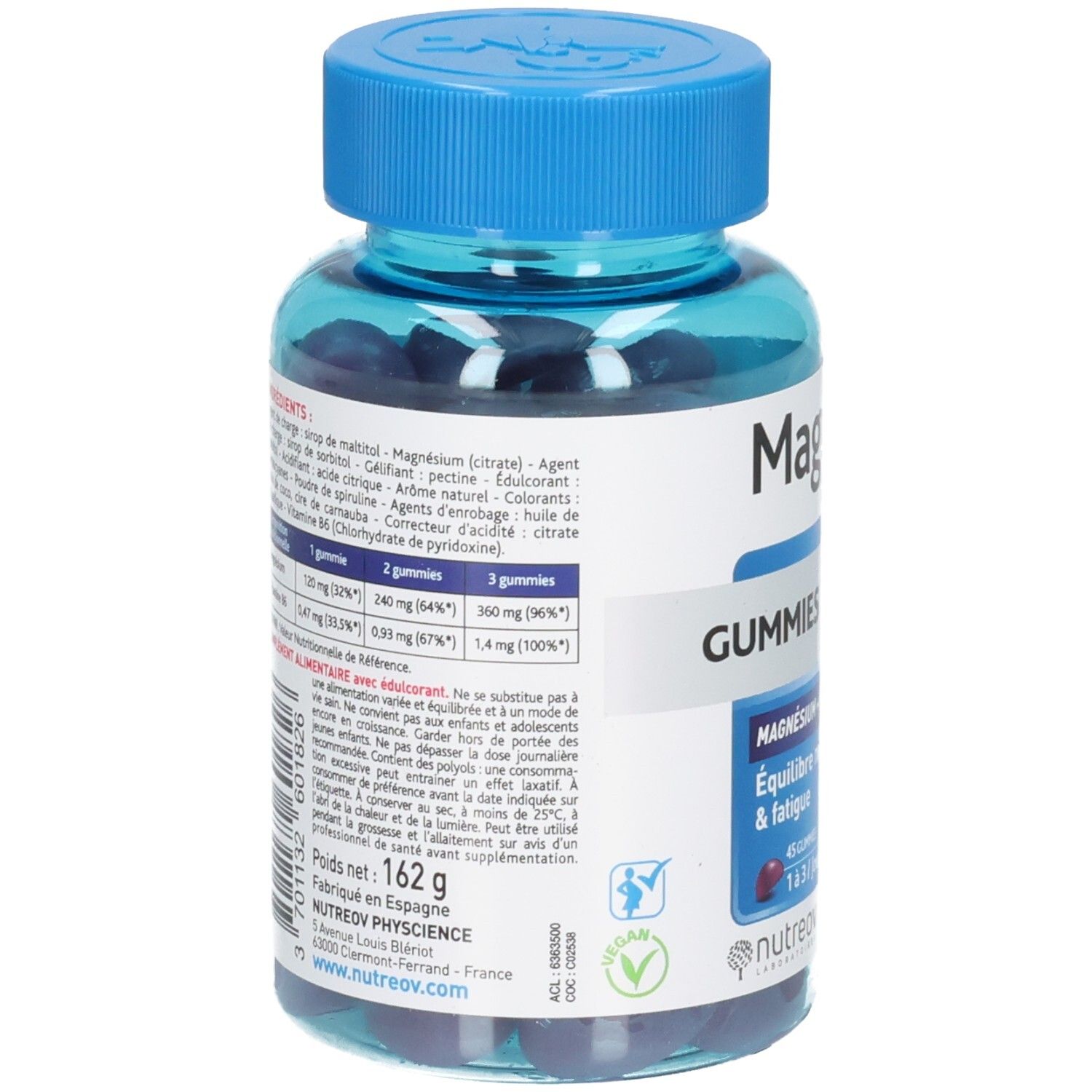 Arrière d'un flacon Nutreov Magné Control Extra Fort Gummis avec informations nutritionnelles.